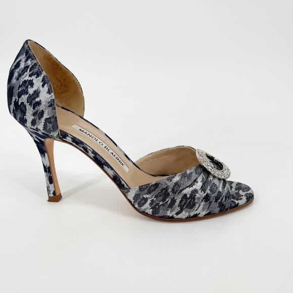 Manolo Blahnik Sedaraby Leopard Satin Crystal Buckle Peep Toe Heels IT 36.5 - Picture 3 of 13